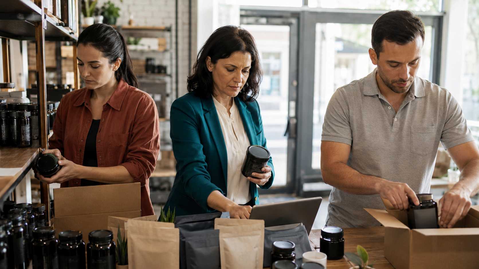 Operators inspect packaged hemp jars and boxes while reviewing inventory and order workflow, illustrating the market-access and product-compliance risks facing Virginia hemp businesses.