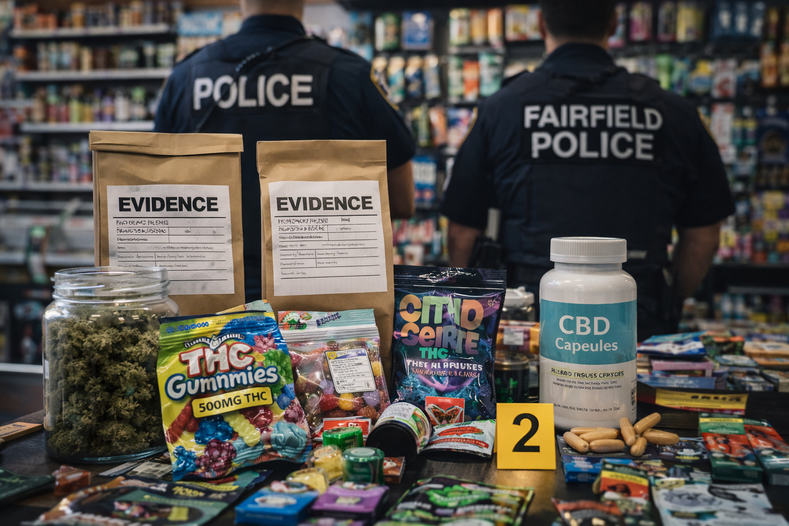Fairfield Connecticut police display seized unlicensed cannabis products and THC gummies after arrests