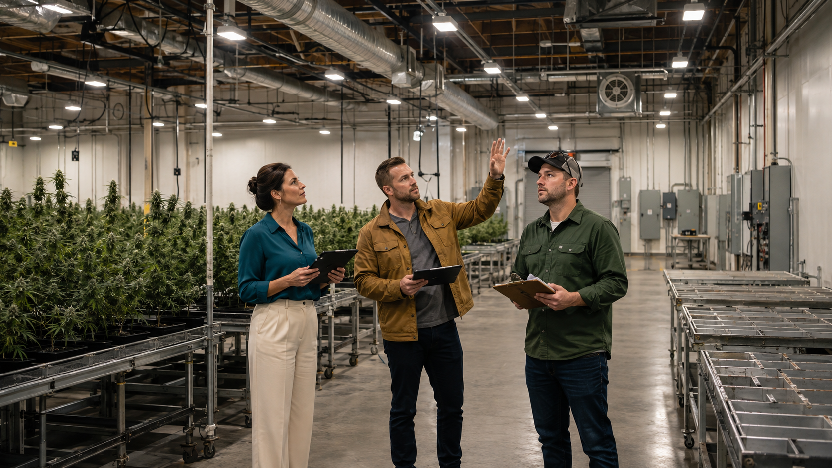 Facility professionals inspect lighting, ventilation, electrical systems, and cultivation infrastructure inside a commercial cannabis grow, illustrating why powered cultivation properties may attract data center developers.