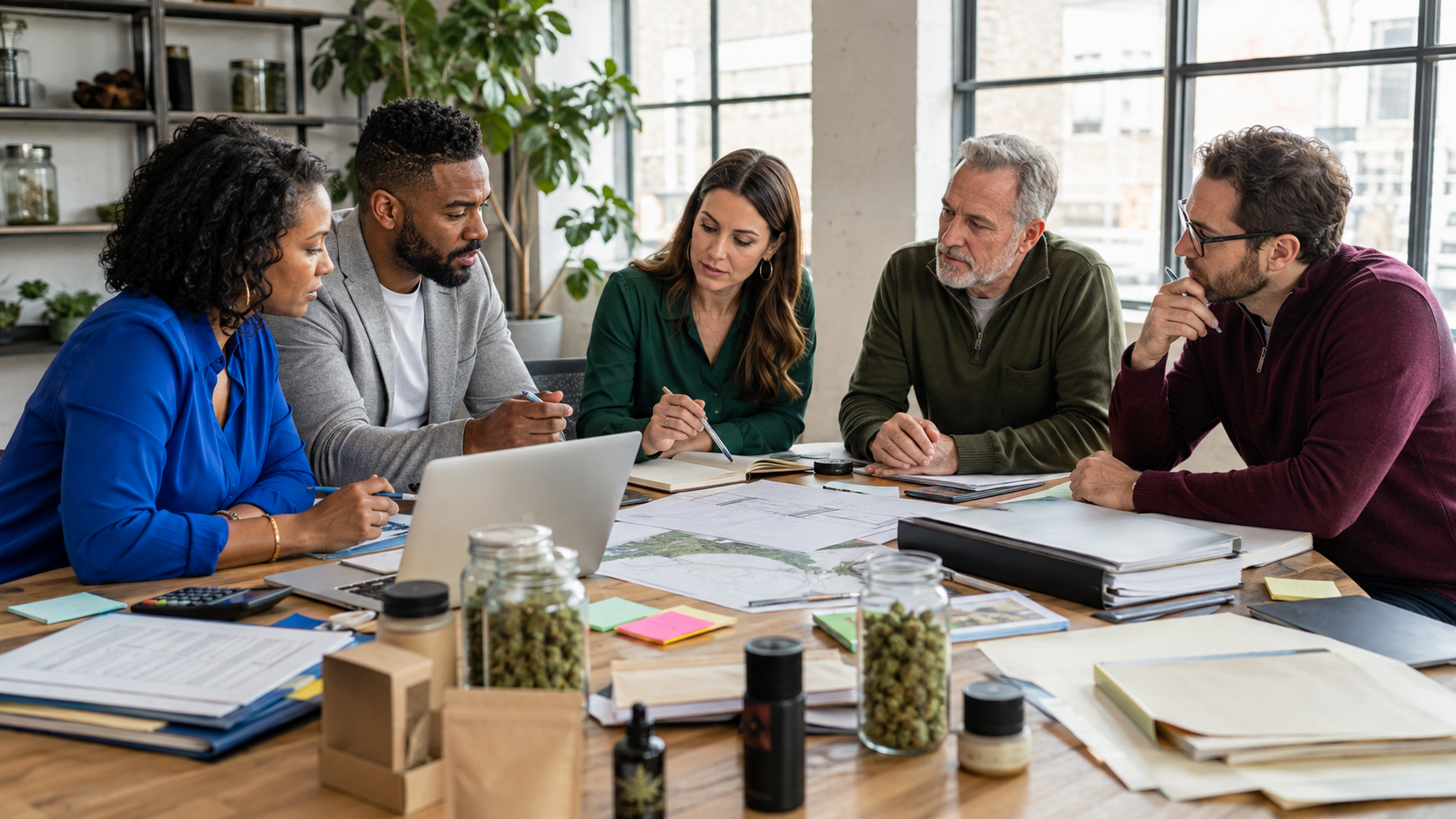 Business professionals review documents around a table with cannabis products present, illustrating licensing strategy, application planning, and adult-use market entry in Rhode Island.