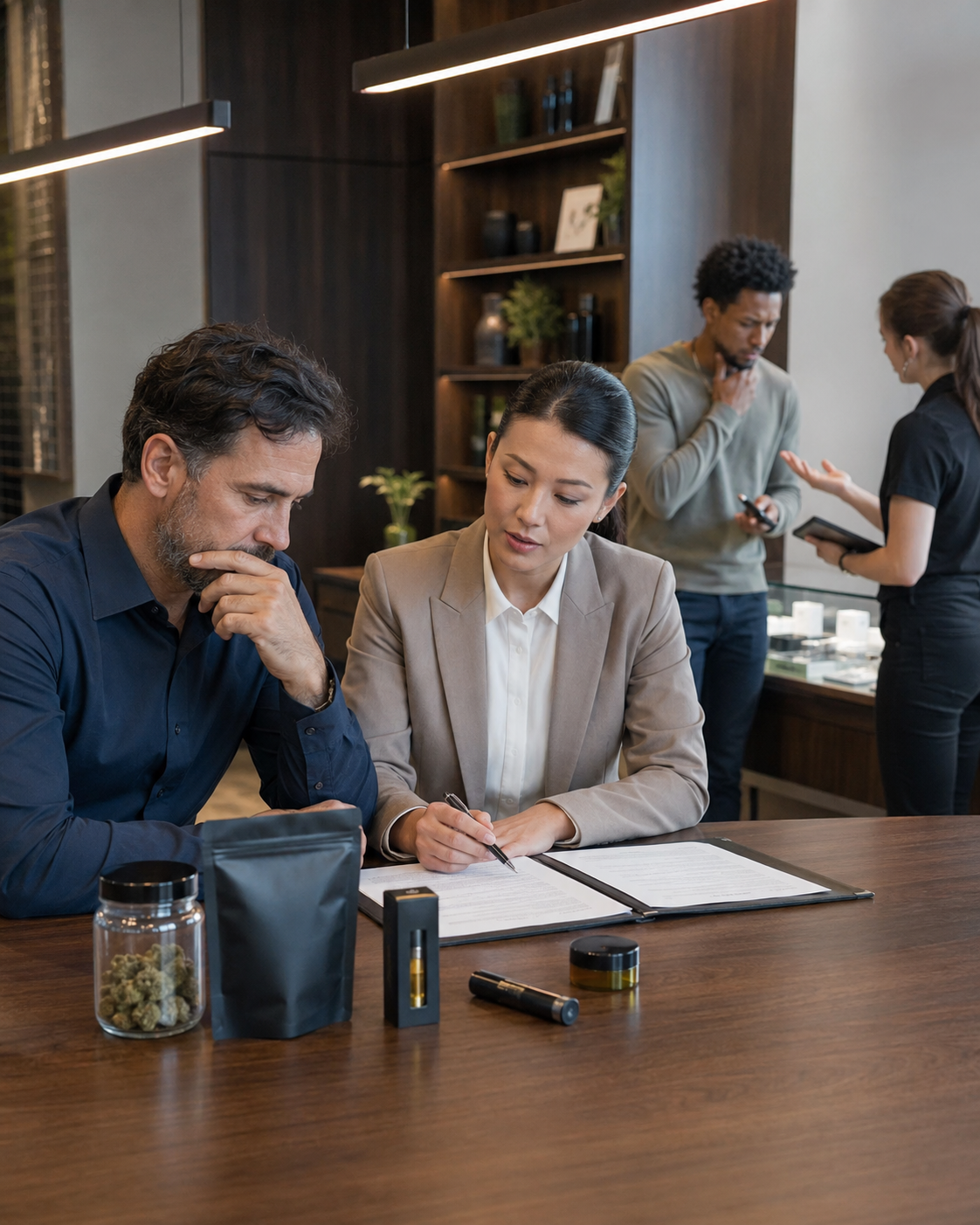Two people sitting at a table looking at a document, with cannabis products and accessories in front of them. Two others are standing in the background, engaged in conversation.