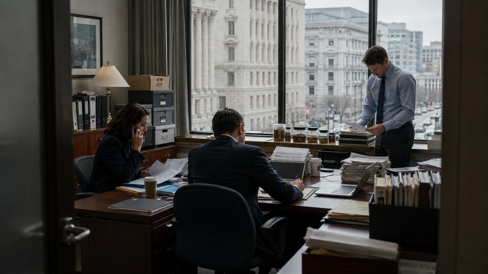 A legal team reviews documents and compliance materials in a downtown office, illustrating the federal court challenge seeking to pause the Schedule III cannabis order and the uncertainty facing operators and investors.