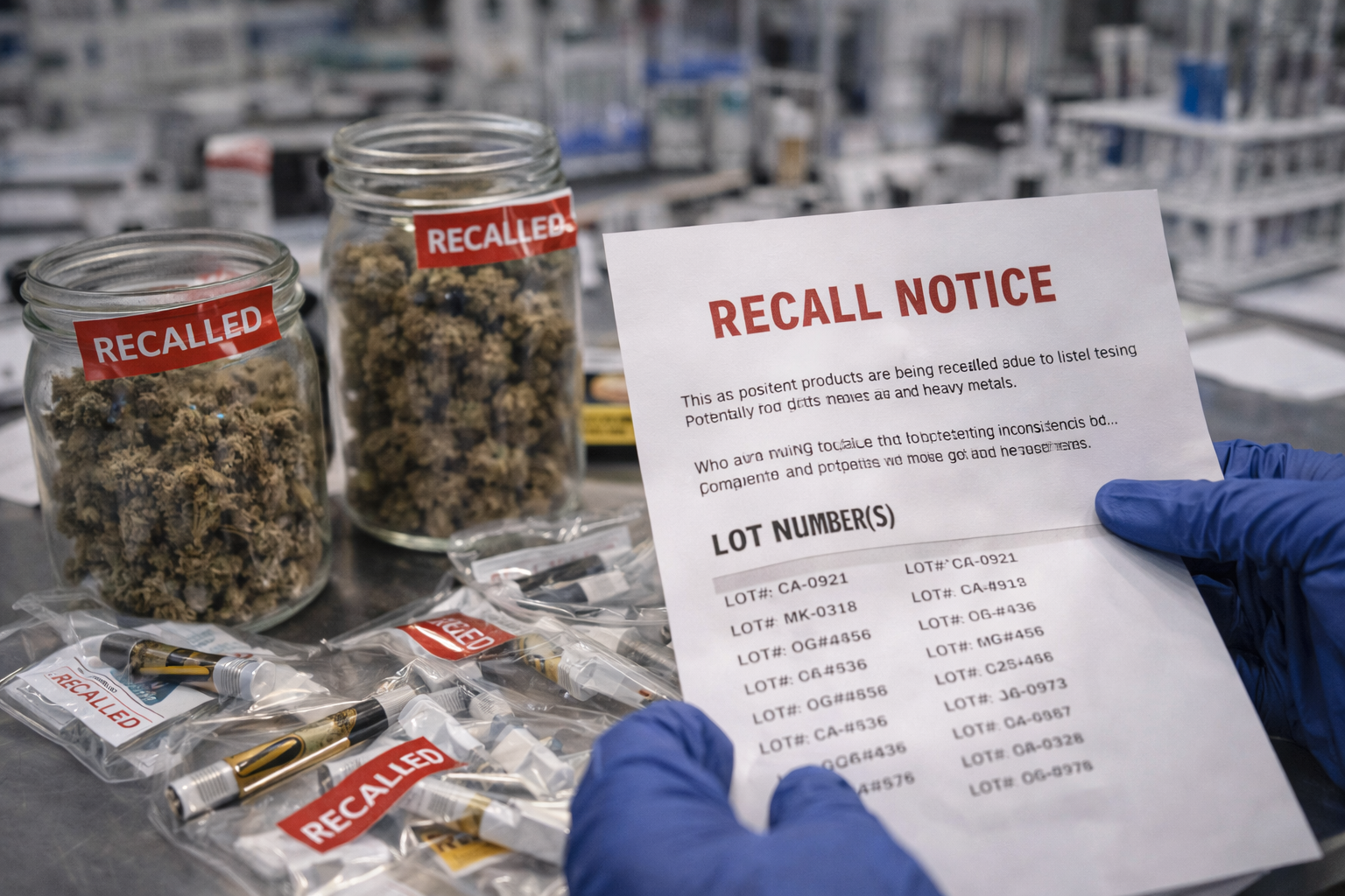 Gloved hands holding a cannabis recall notice beside recalled flower jars and vape products in a lab