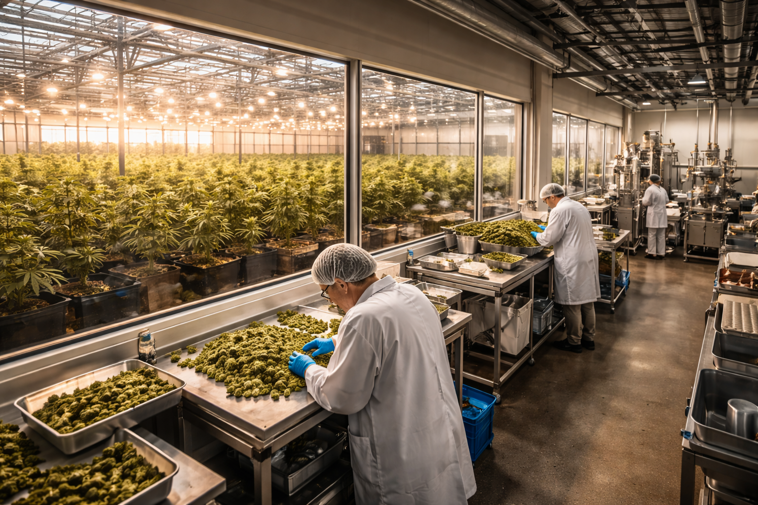 Workers processing cannabis inside Texas Original’s expanded medical cannabis production campus.