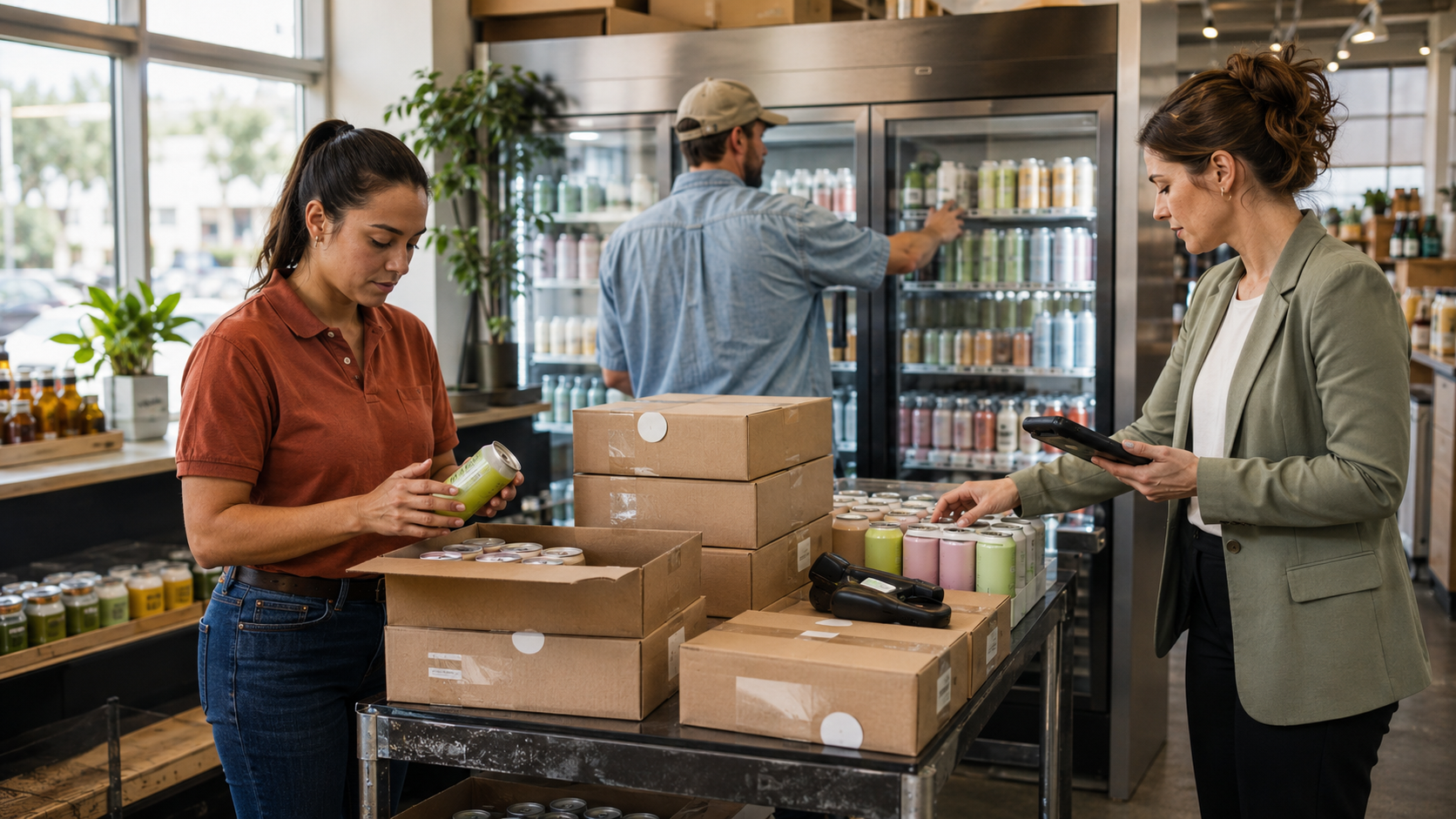 Retail staff inspect canned beverages, scan inventory, and organize packaged products beside refrigerated displays, illustrating age-gated sales, labeling requirements, and inventory controls for hemp THC drinks.
