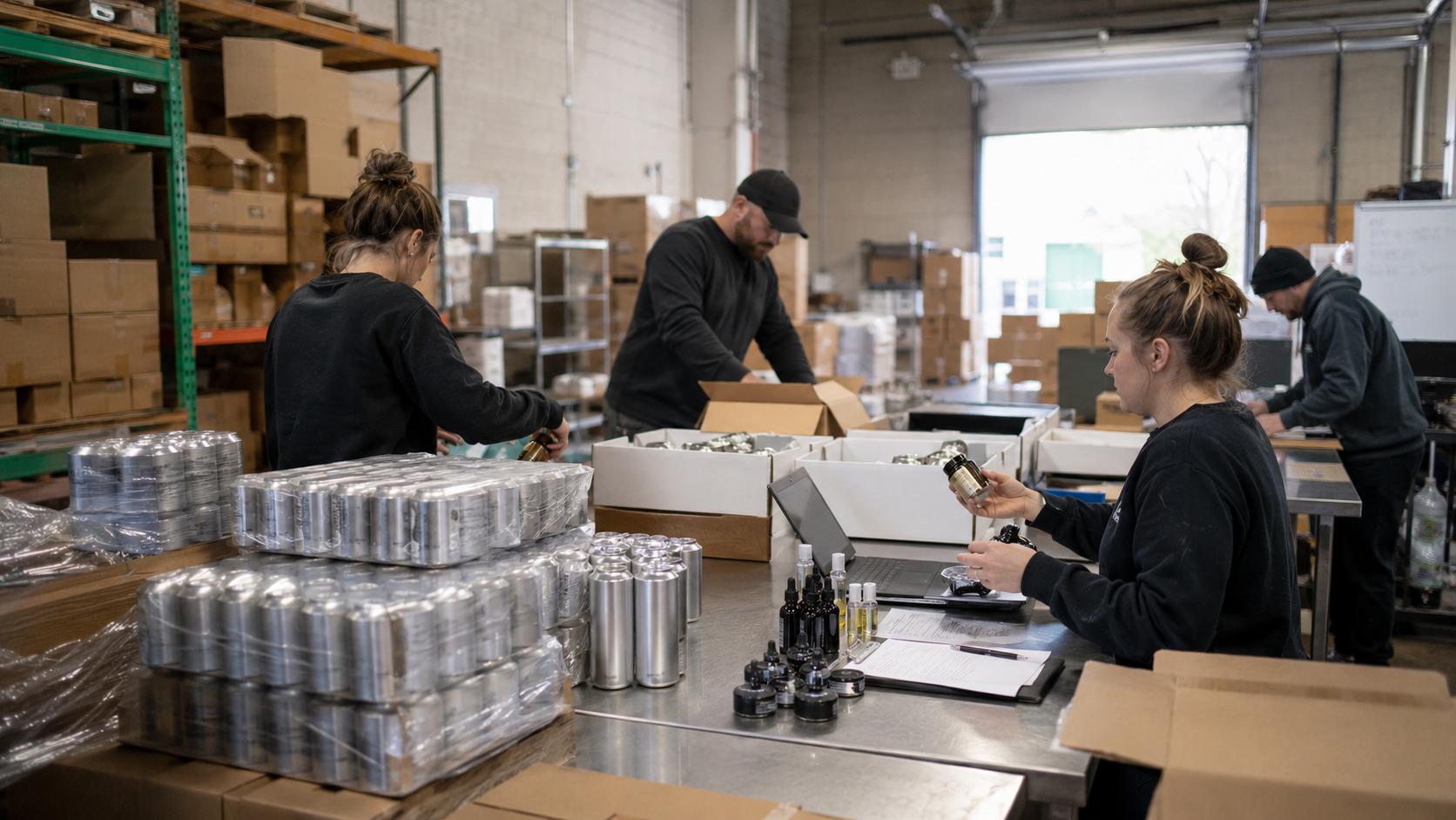 A warehouse team checks packaged hemp THC products, bottled items, and beverage cans at worktables, illustrating inventory planning, fulfillment decisions, and regulatory pressure on operators.