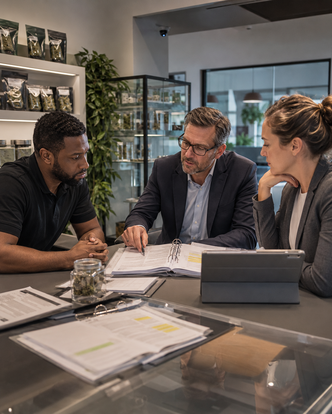 Three businesspeople having a meeting in a modern office, discussing documents and using a tablet.