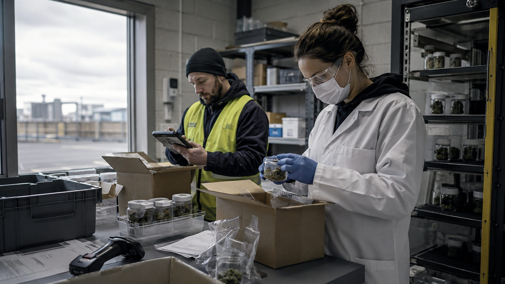 A technician in protective gear verifies cannabis jars, packaged samples, and shipment records beside a warehouse station, illustrating quality control, import documentation, and product safety compliance in Europe’s cannabis supply chain.