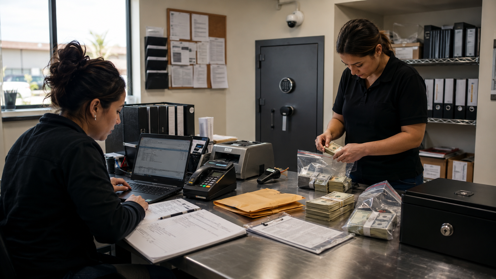 Cannabis business staff organize cash deposits, financial records, payment terminals, and banking paperwork as operators manage crime risk, payment processing, and insurance readiness.