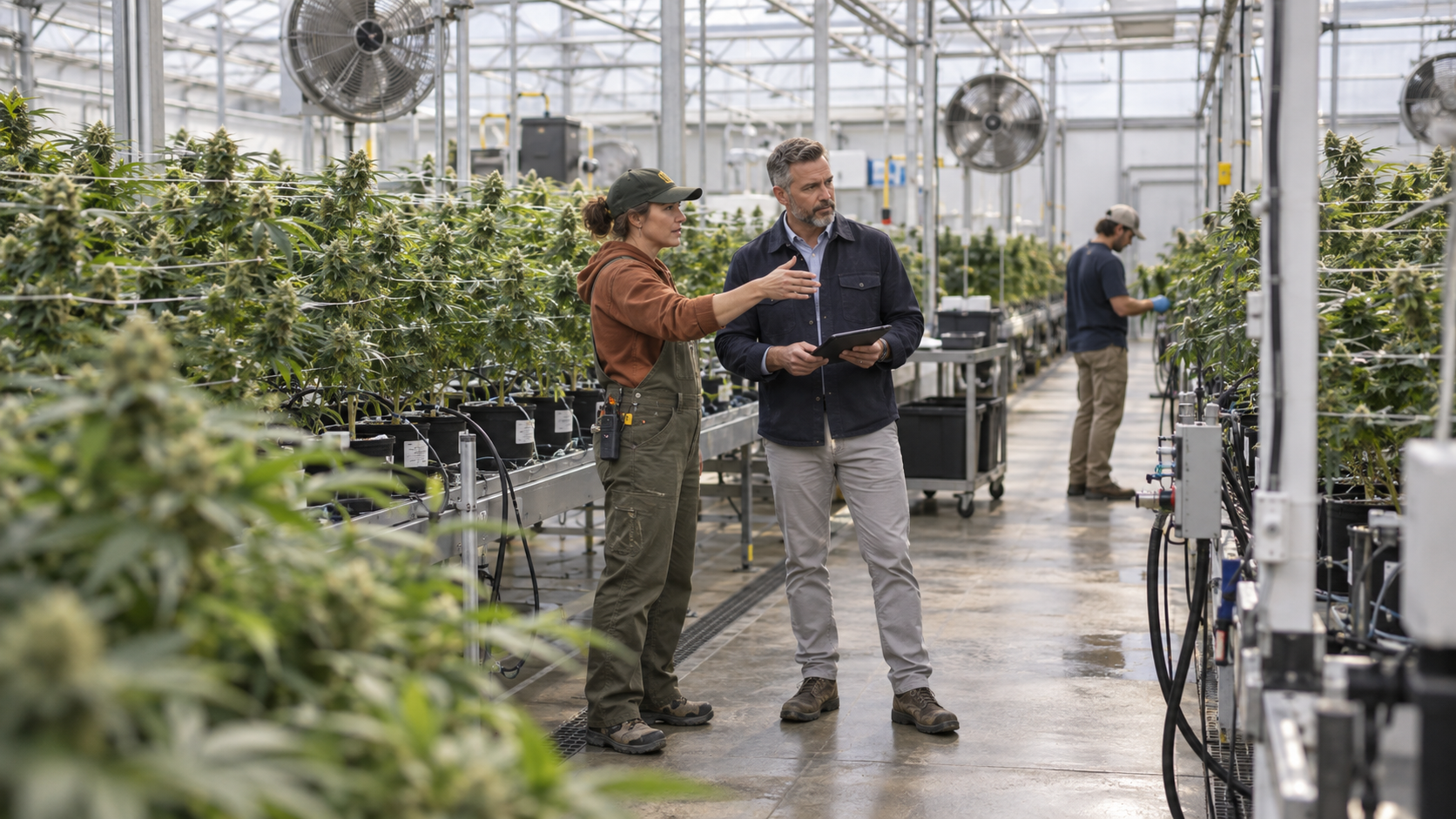 Cannabis cultivation operator and insurance professional reviewing facility risks as federal lawmakers consider protections for insurers serving state-legal cannabis businesses.