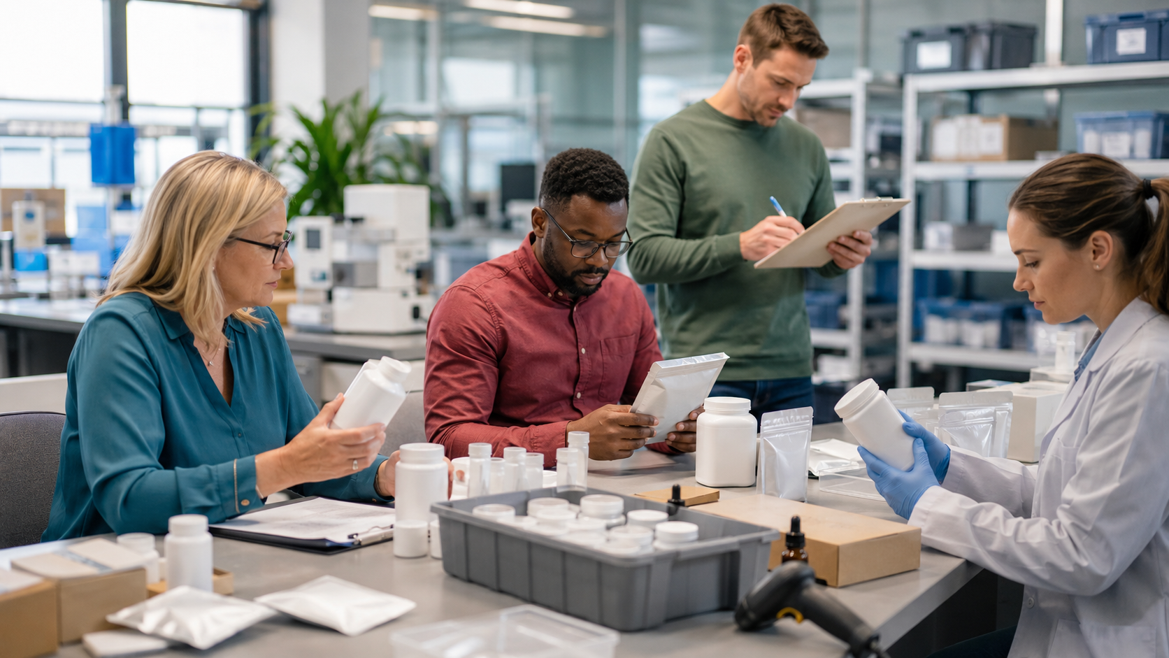A compliance team reviews CBD containers, sealed pouches, product specifications, and inventory records as regulators move toward authorizing thousands of CBD novel food products in Great Britain.