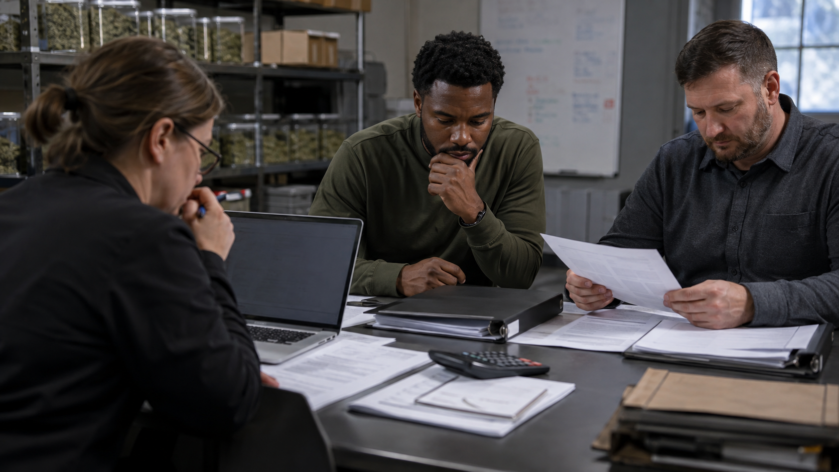 Cannabis business leaders review legal filings, financial documents, and compliance records, illustrating uncertainty around Alabama’s interpretation of federal rescheduling, interstate commerce, and market expansion.