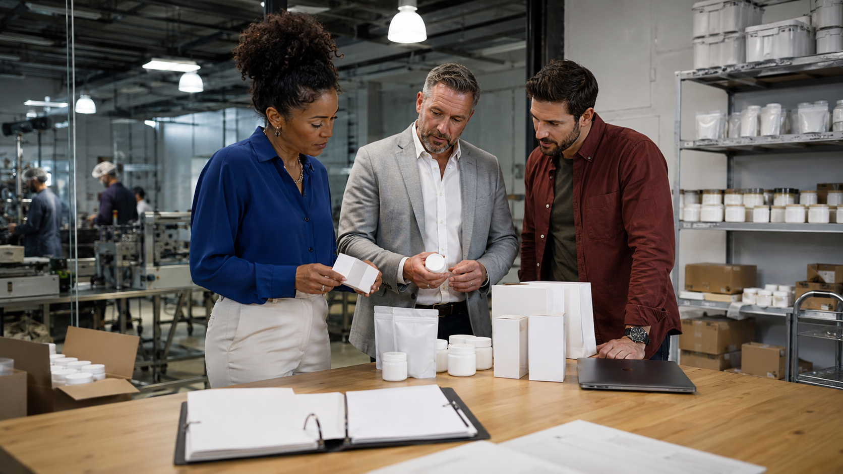 Cannabis and insurance professionals examine product containers, packaging, and compliance documents inside a manufacturing facility, illustrating liability concerns involving marketing claims and product warnings.
