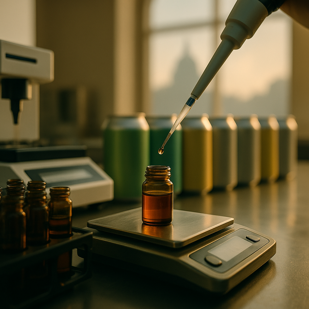 A lab pipette drops cannabis extract into an amber vial on a digital scale, with colorful beverage cans blurred in the background, illustrating a federal funding deal that restricts hemp-THC drinks to 0.4 mg THC or less.