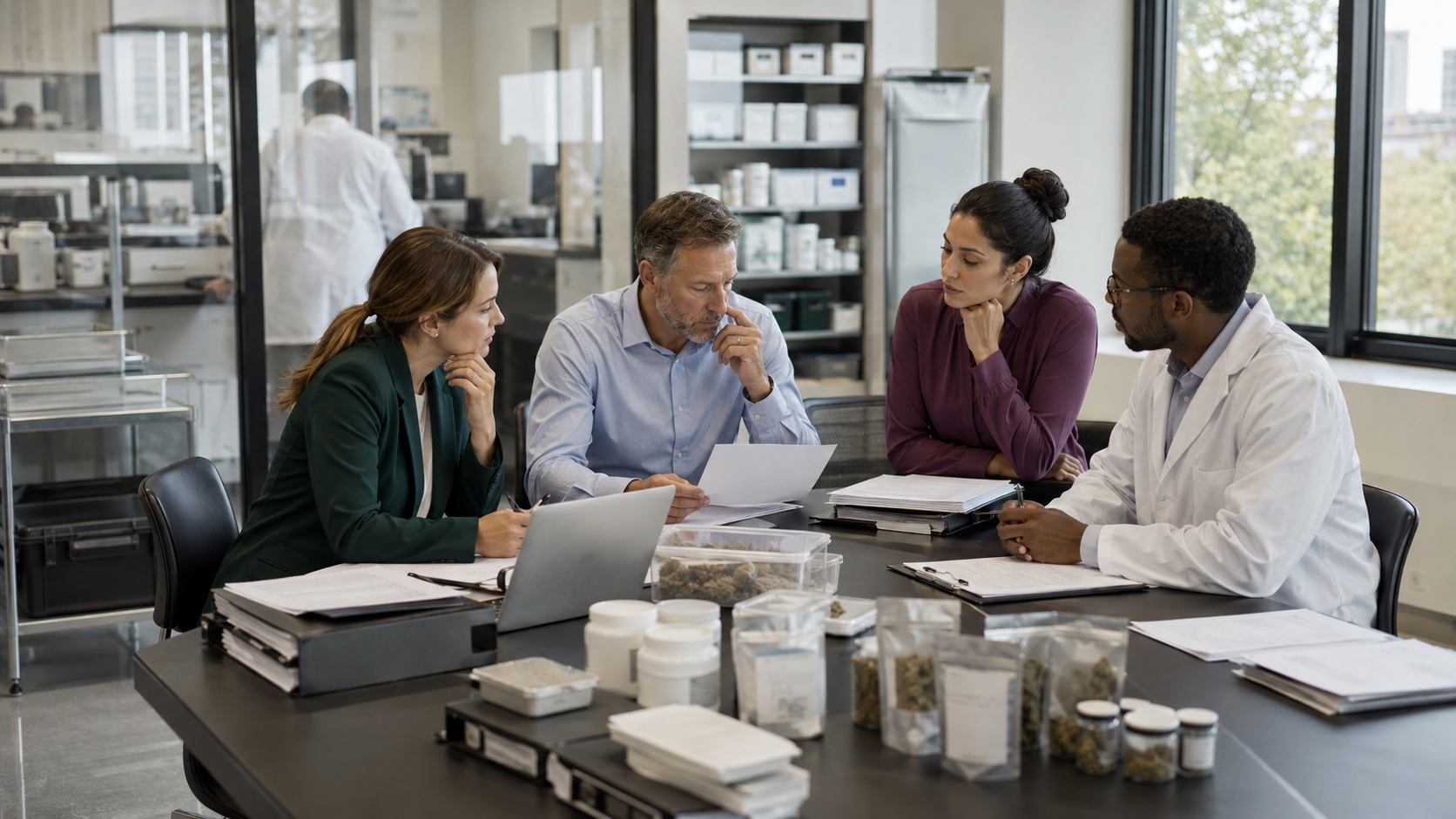 A cannabis business and compliance team reviews documents and packaged product samples in a meeting room, illustrating legal analysis and compliance planning tied to federal rescheduling proceedings.