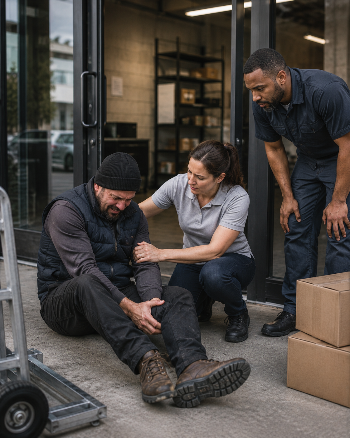 A man is experiencing a medical emergency outside a building, with a woman giving him first aid and a man standing nearby watchfully.