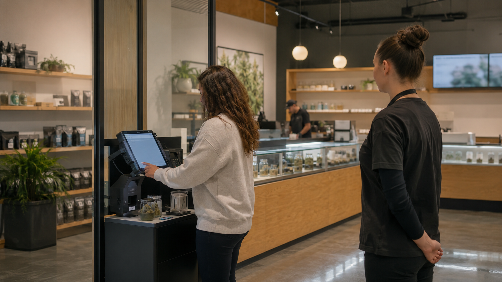 A customer operates a self-checkout terminal inside a licensed cannabis retailer while an employee monitors the transaction, illustrating automated sales, staff oversight, and retail efficiency.
