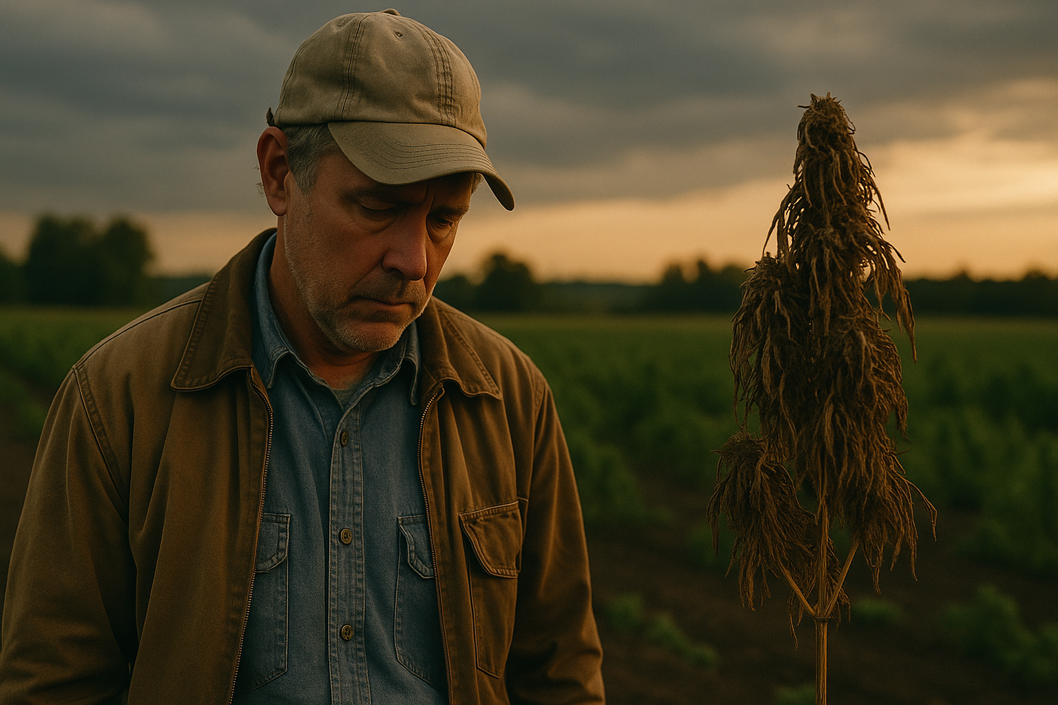 Worried Wisconsin hemp farmer standing beside a withered hemp plant at sunset, symbolizing the struggle growers face after federal legislation banned hemp-derived THC products.