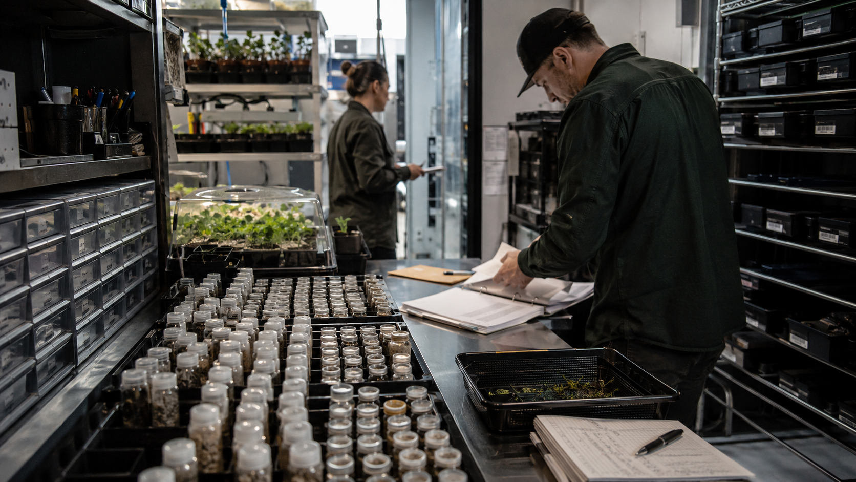 Cannabis genetics workers review documents beside rows of stored seed samples and plant materials, illustrating seed bank inventory control, strain documentation, and federal compliance pressure.