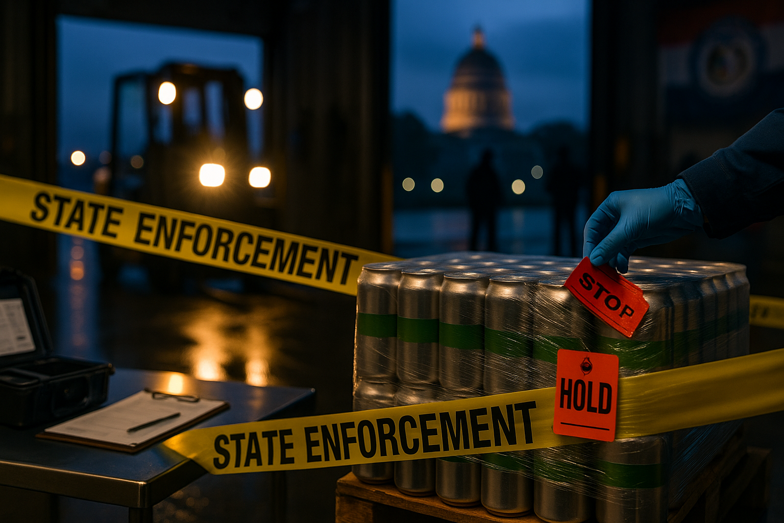 Missouri enforcement tape surrounding a pallet of hemp-derived THC beverages, symbolizing the state’s regulatory crackdown on untested products and compliance violations.