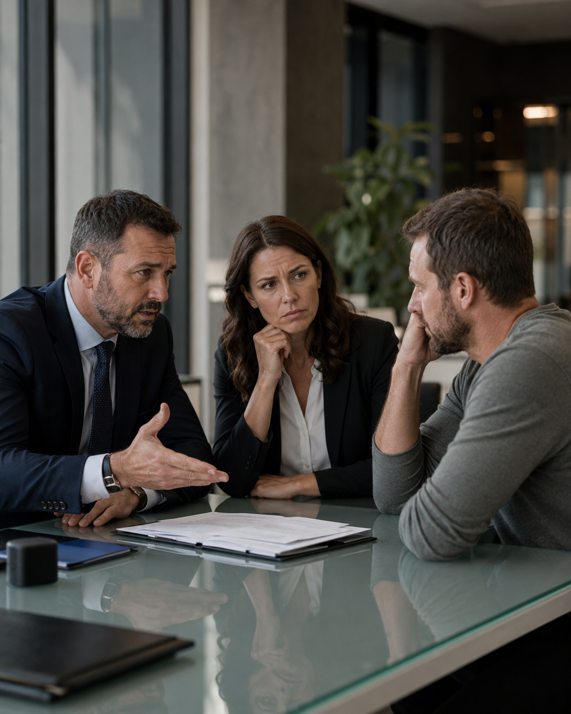 Three people having a serious discussion at a business meeting, sitting around a glass table with papers and folders, in a modern office setting.