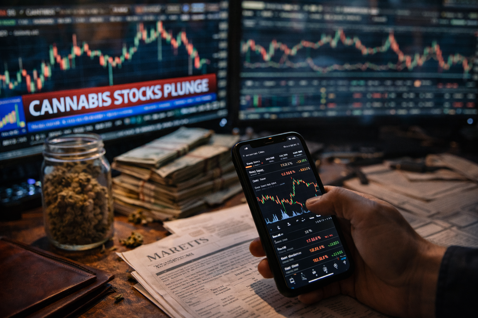 Trader monitoring volatile cannabis stock charts on multiple screens following federal cannabis rescheduling news.