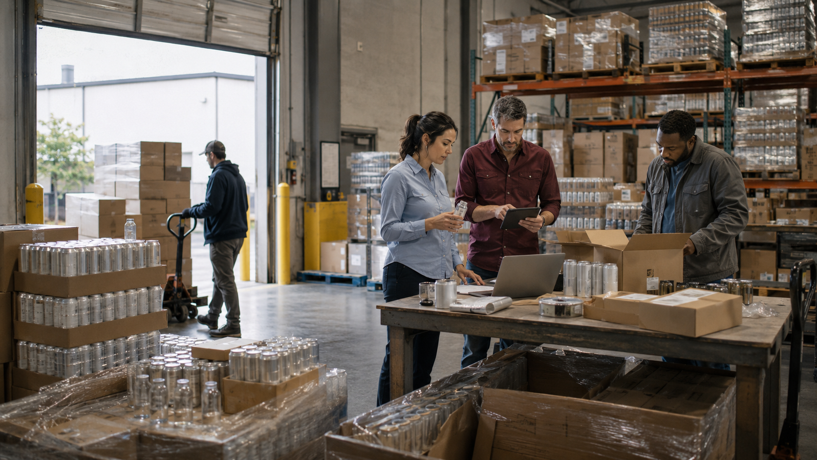 A small team reviews inventory, packaging, and shipping plans beside stacked beverage cans and boxes in a warehouse, illustrating hemp operator preparation during a temporary federal enforcement delay.