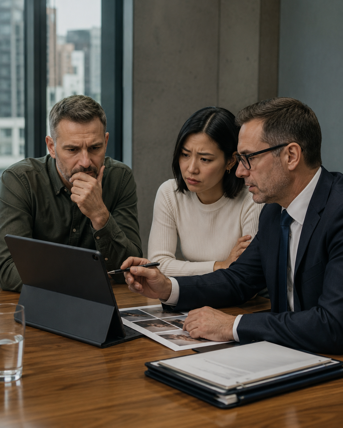 Three professionals in a serious discussion around a tablet, one man in a suit appears to be leading, with two others listening intently, in a modern office setting.