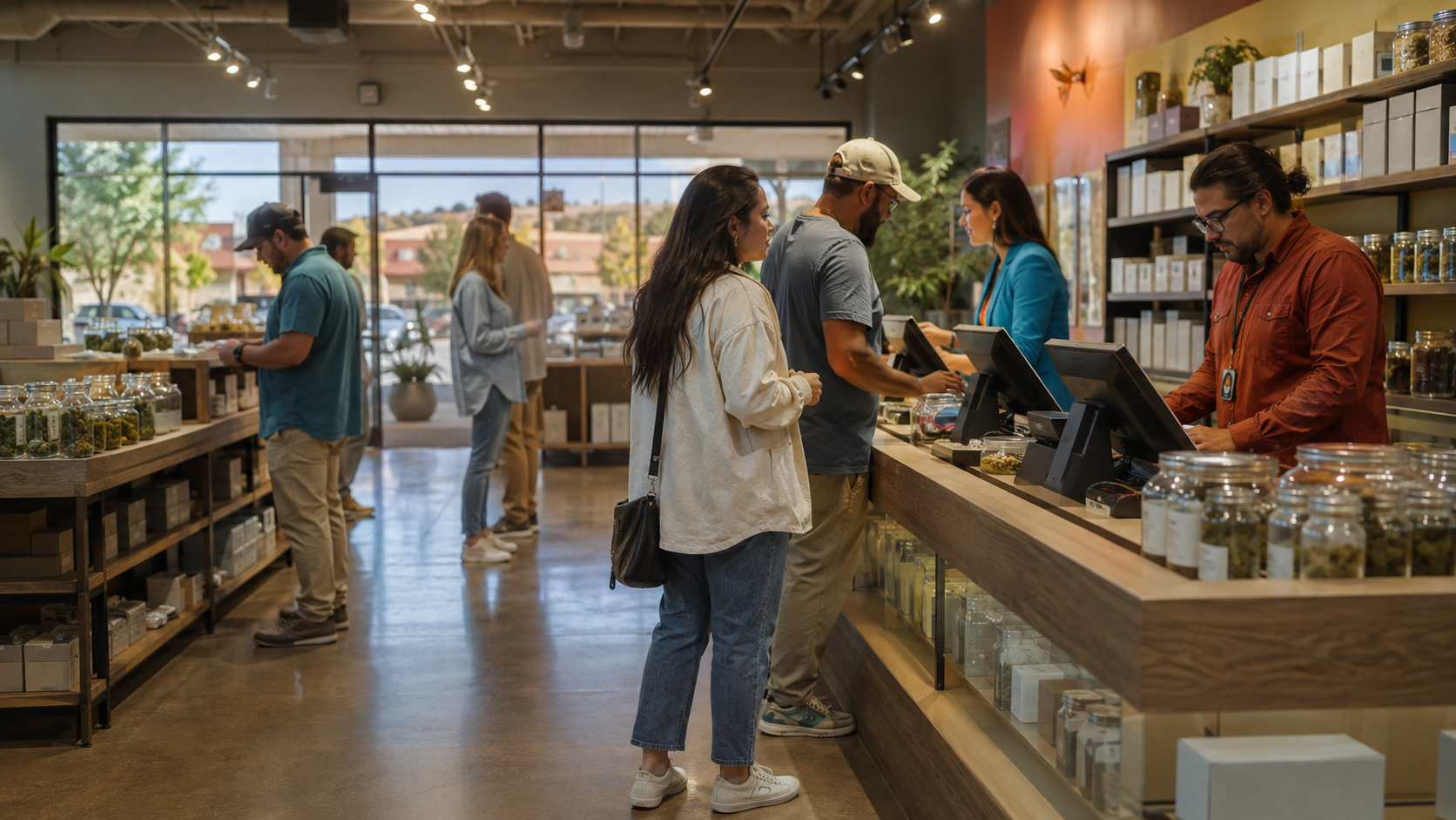 Customers shop inside a busy New Mexico cannabis dispensary, reflecting stable retail sales and cross-border demand from nearby Texas communities.