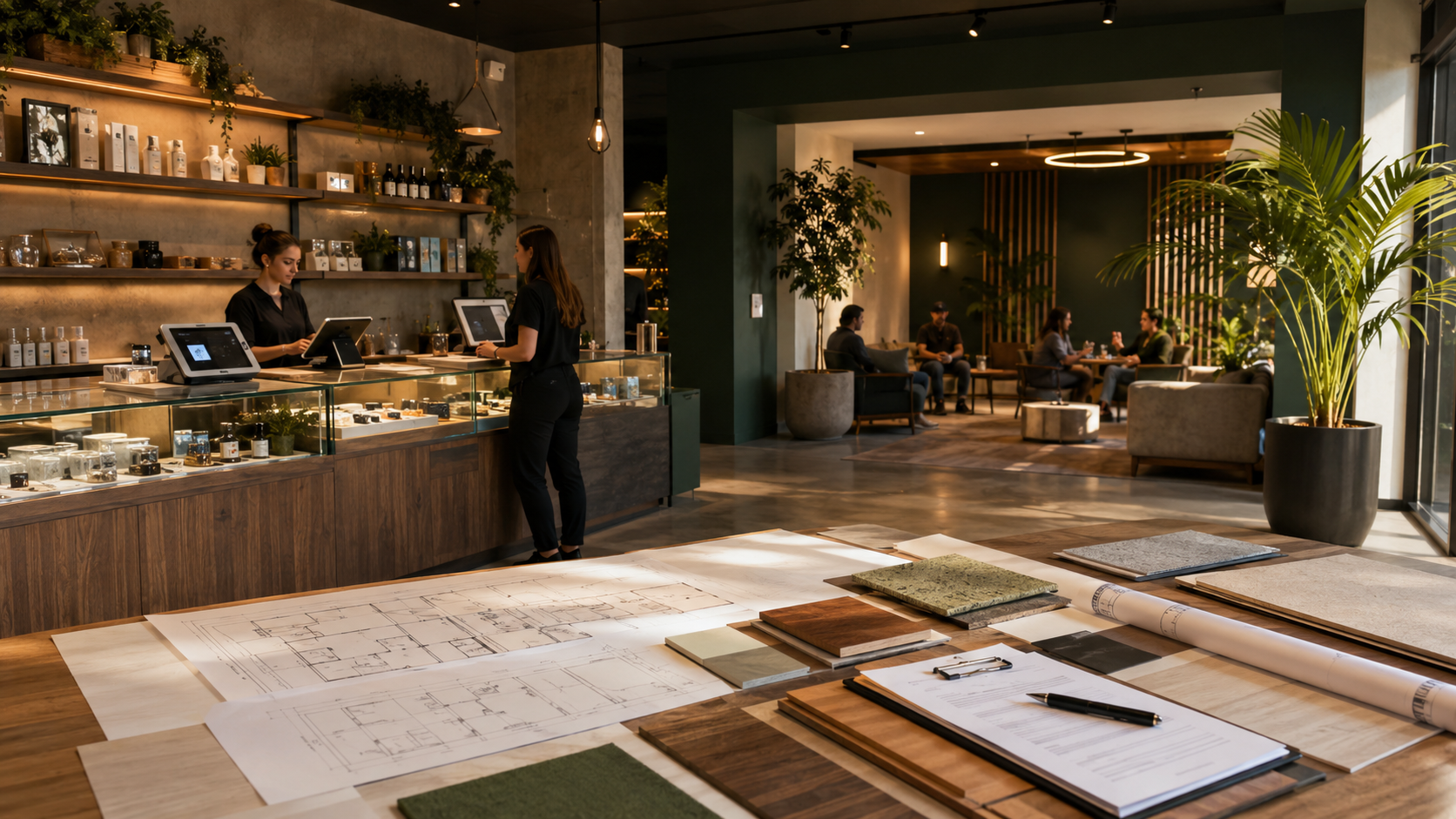 Alt Text Architectural plans and material samples sit in the foreground of a high end cannabis retail lounge, illustrating licensed consumption lounge design, buildout planning, and market access expansion in Sacramento.
