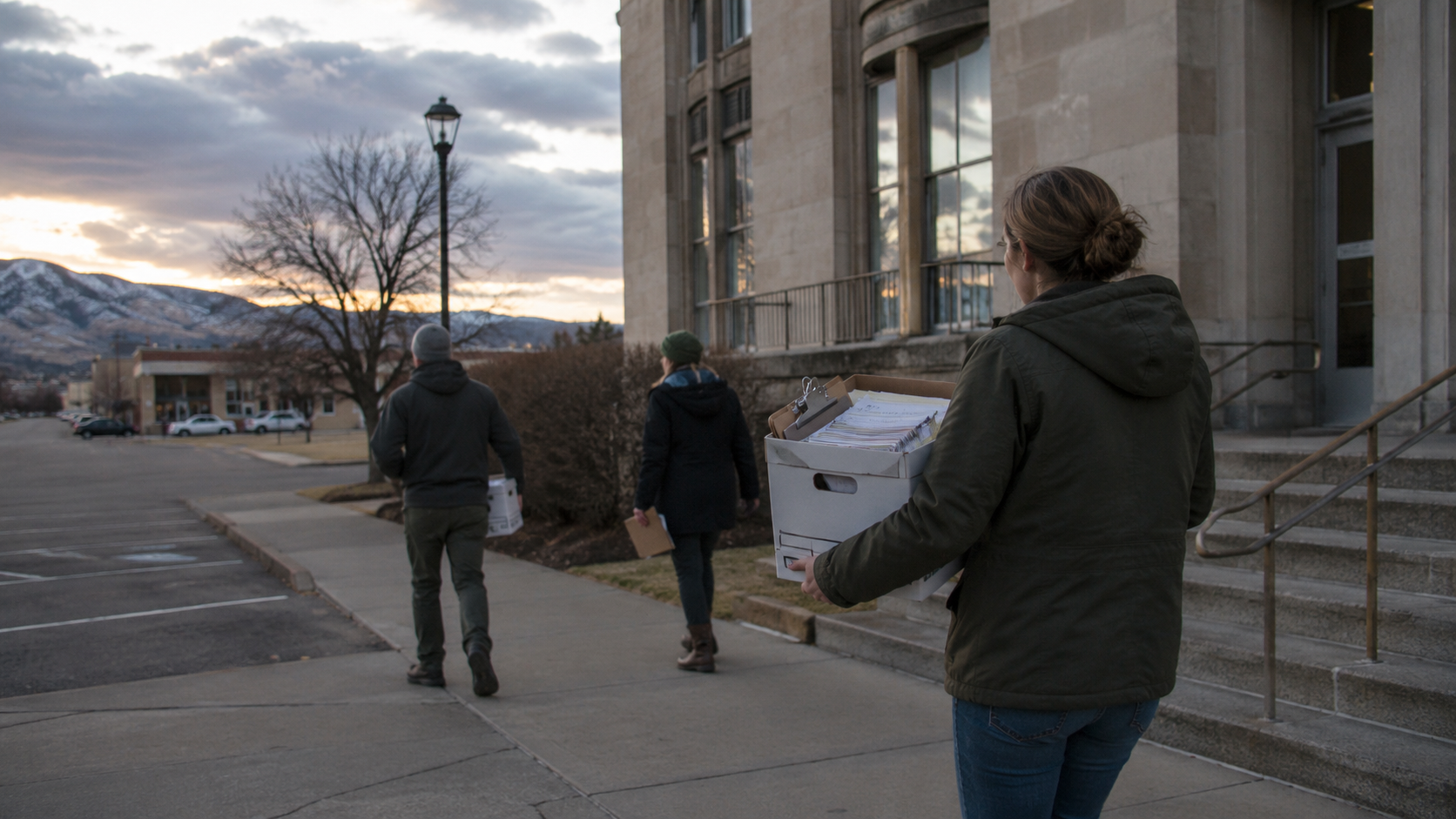 Campaign workers carry boxes of petition records toward a government building in Idaho, illustrating signature submission, county verification, and the failed medical cannabis ballot effort.