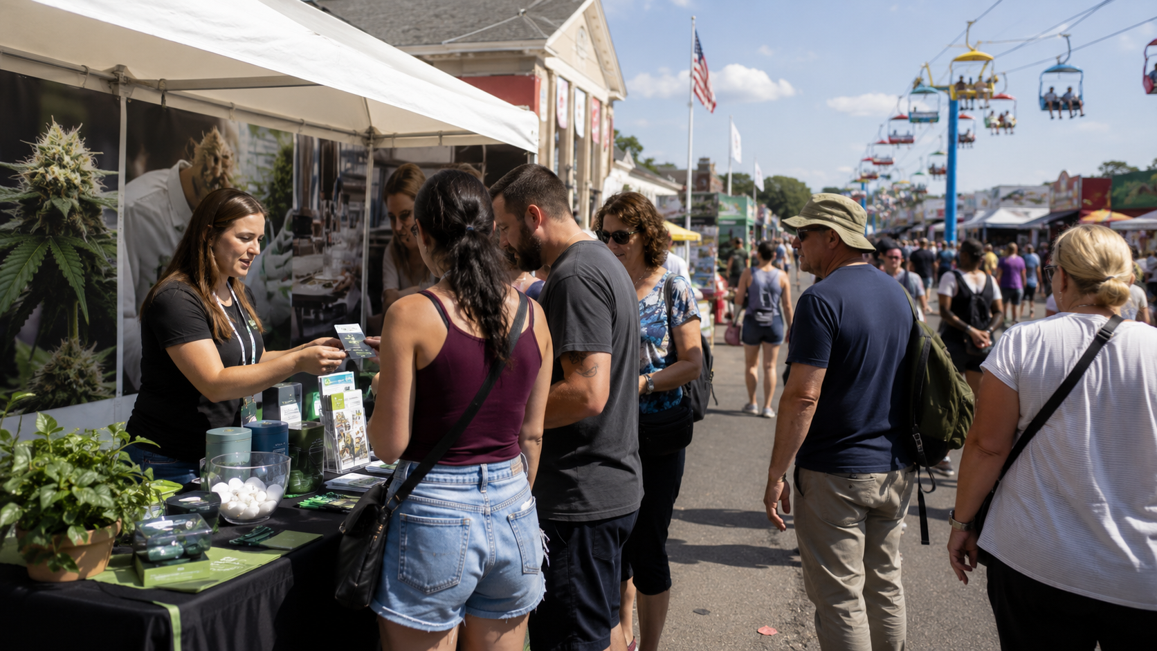 Event staff at a state fair cannabis booth share educational materials with visitors, illustrating consumer outreach, market awareness, and public education around regulated cannabis products.