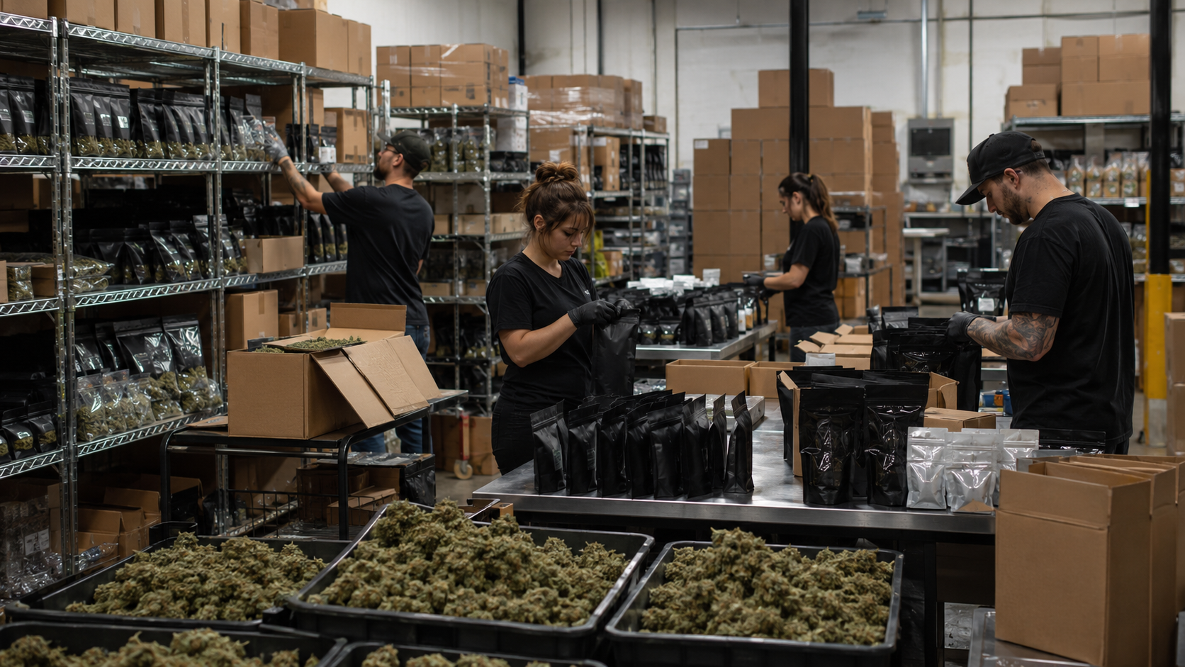 Workers package large volumes of cannabis flower inside a distribution facility, illustrating oversupply, declining wholesale prices, production pressure, and the need for greater operating efficiency.