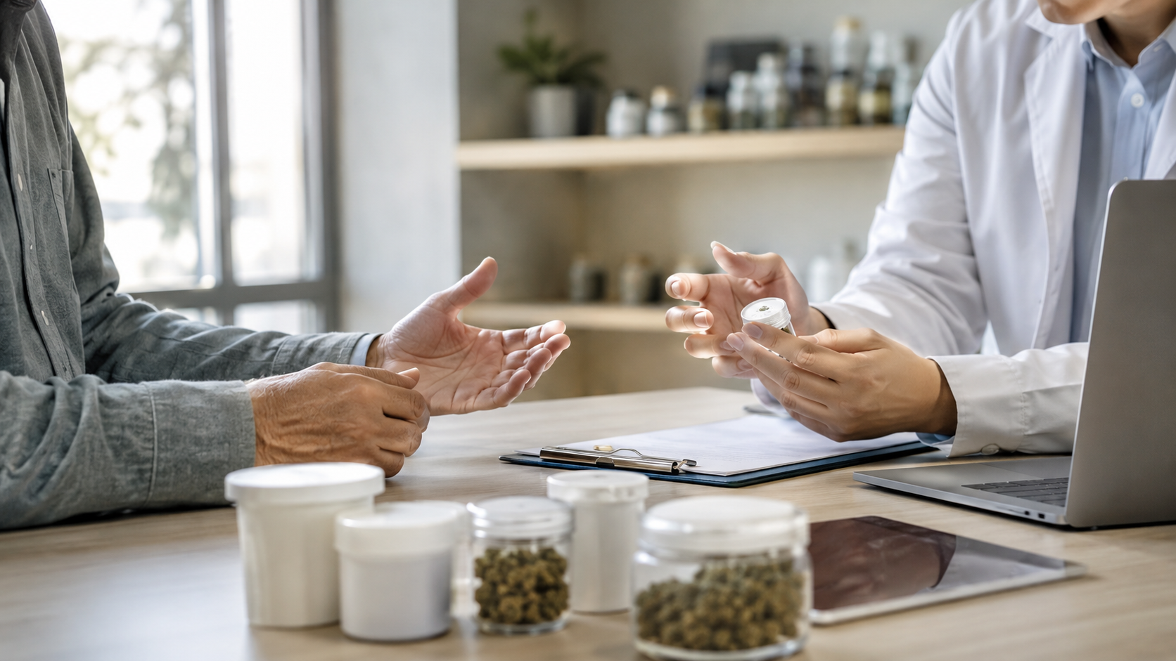 A clinician shows a small cannabis product container to a seated patient during a consultation, illustrating product education, dosing discussion, and medical cannabis access for arthritis pain relief.