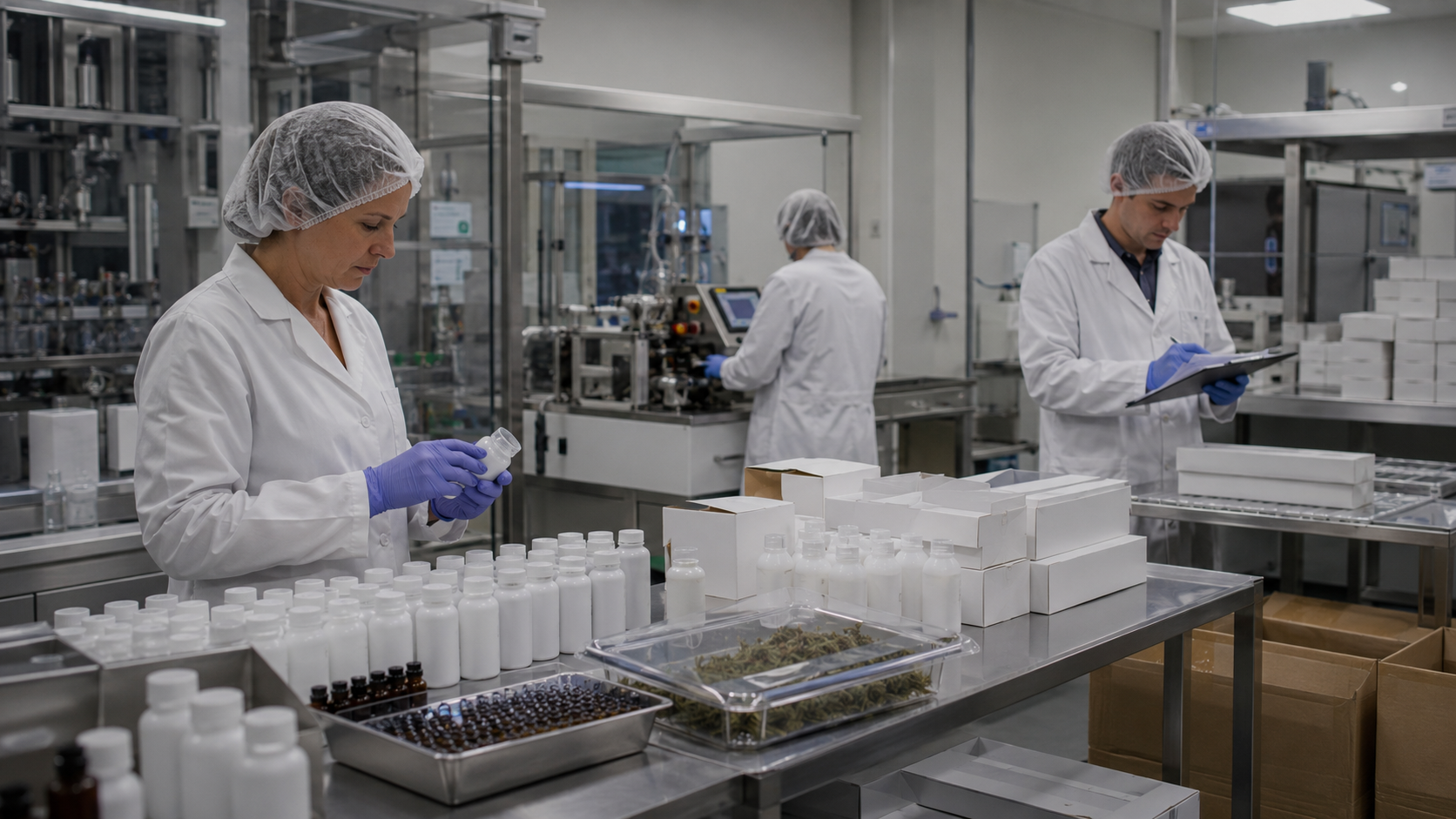 Pharmaceutical production staff inspect cannabis-based medicine bottles, packaging, and manufacturing records, illustrating regulated drug production, product compliance, and commercialization planning for a cannabis epilepsy treatment.