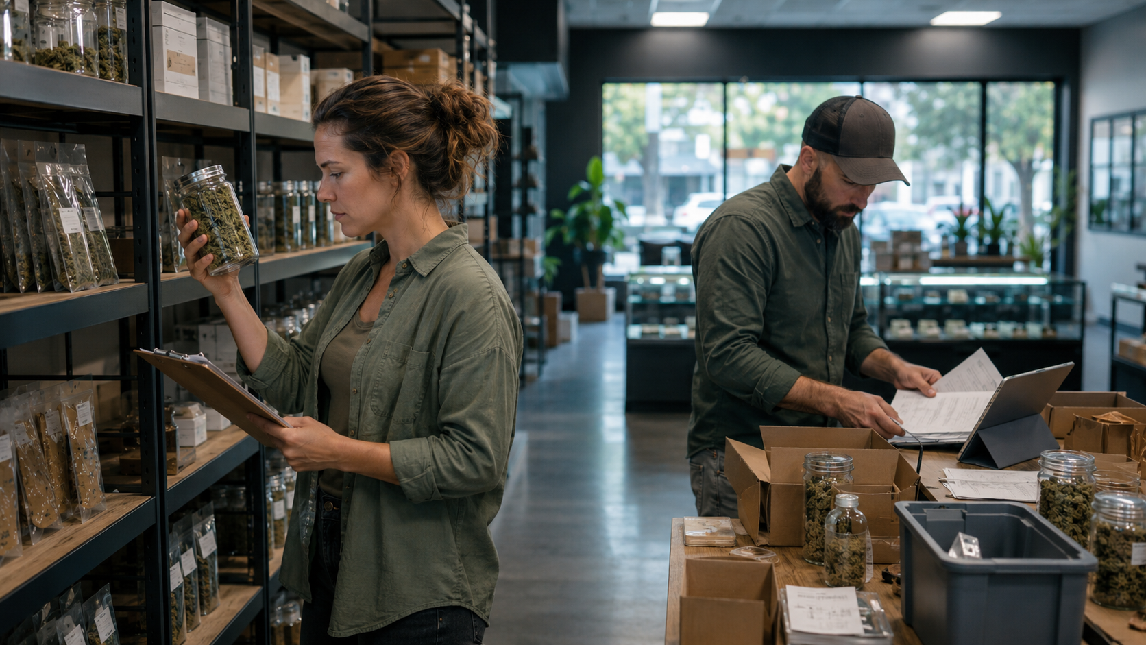 Close up of cannabis staff writing on clipboards and checking a tablet above a display case of products, illustrating compliance review, policy planning, and market access uncertainty in North Carolina.