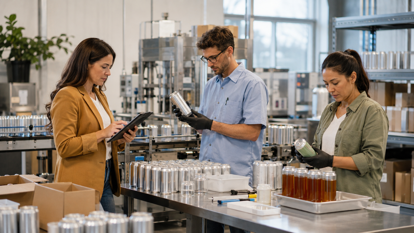 Staff inspect and review cannabis beverage cans on a packaging line, showing product production, compliance review, and beverage manufacturing activity.
