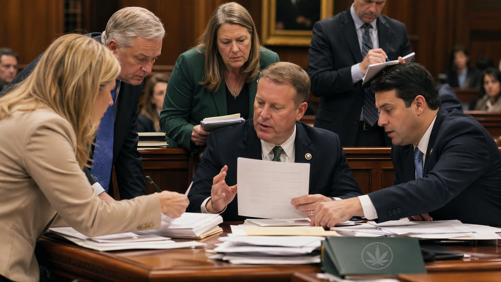 Virginia legislators gathered around documents in a statehouse chamber, illustrating the fight over the adult use cannabis dispensary sales bill after lawmakers rejected substitute changes and sent the original version back to the governor.