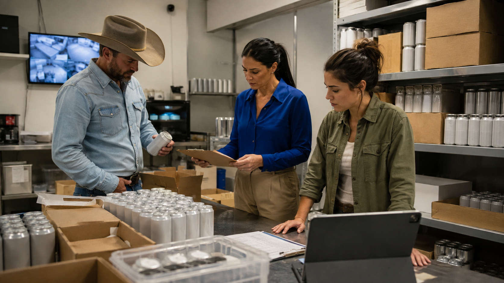 Texas beverage operators review canned products, inventory records, and compliance requirements in a warehouse, illustrating regulatory uncertainty surrounding hemp THC beverages and alcohol-market competition.