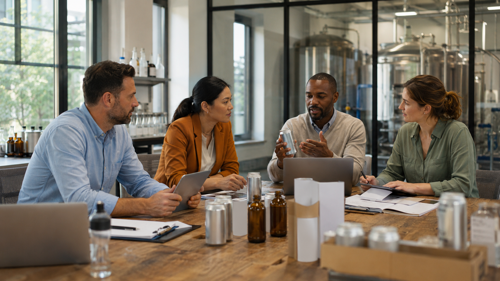 Business leaders and product team members discuss cannabis drink packaging, regulation, and market strategy around a conference table with cans and documents.
