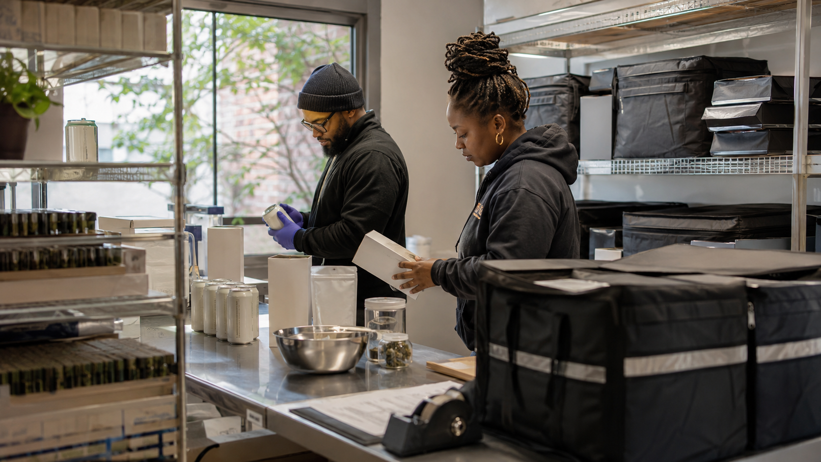 Two cannabis operators inspect containers and packaging materials in a medical cannabis workspace, illustrating product compliance, manufacturing workflow, and new partnership opportunities in Washington, D.C.’s medical cannabis market.