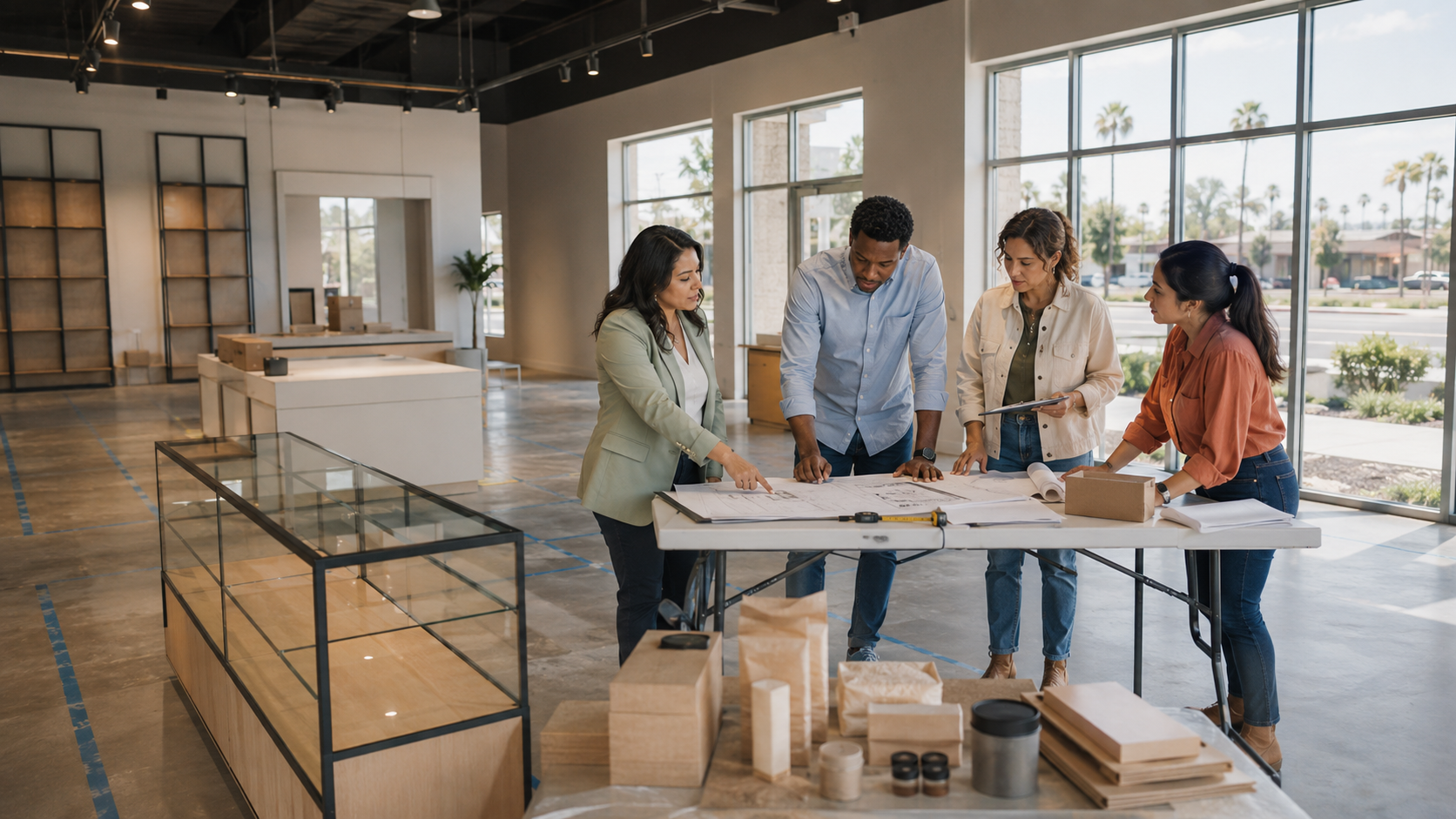 A cannabis business team reviews retail floor plans, zoning documents, and local permitting requirements inside a developing storefront in San Diego County.