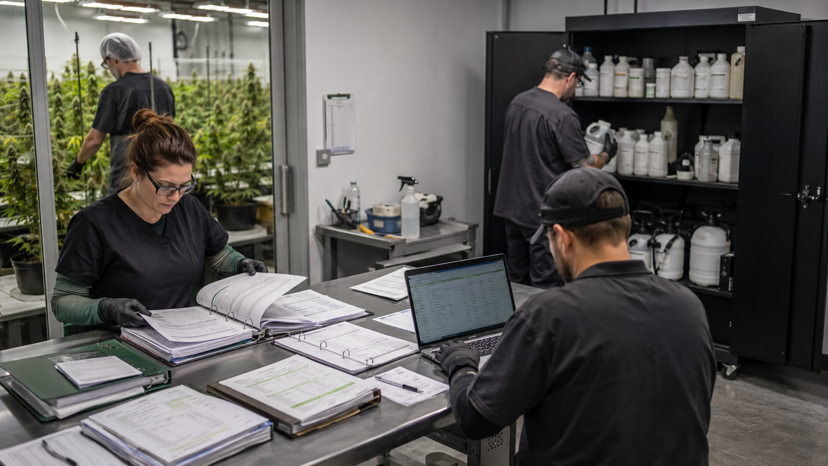 Cannabis cultivation staff review chemical storage, vendor records, pesticide approvals, safety documentation, and compliance files inside a grow facility.