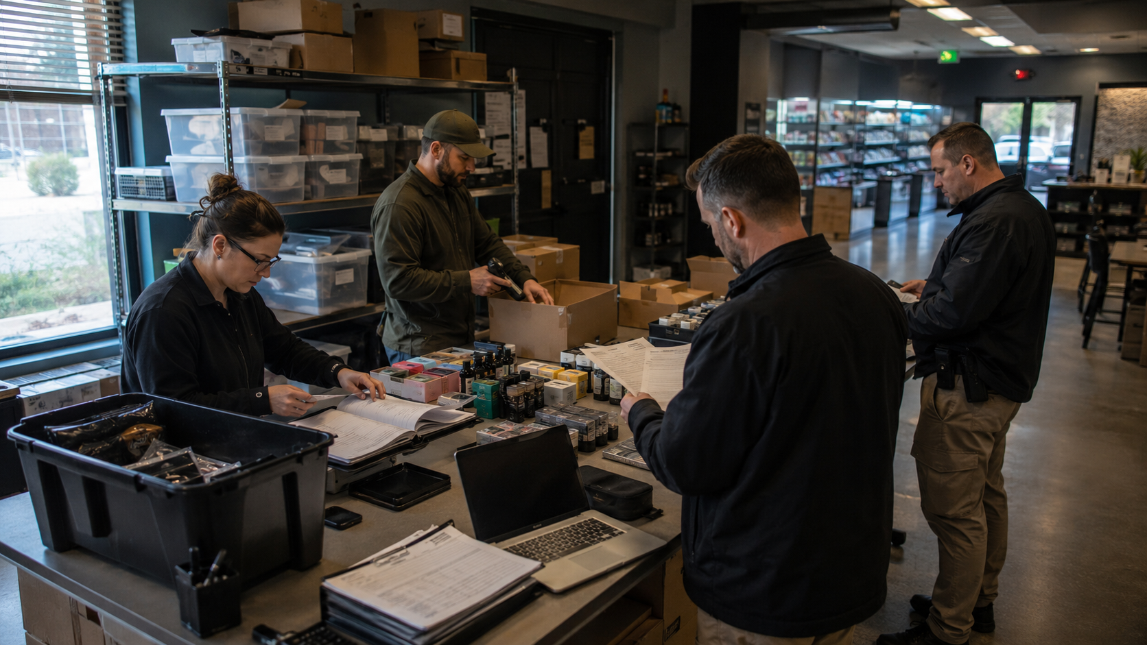 Enforcement staff review inventory, packaged hemp THC products, and business records in a retail back room, illustrating raid related compliance pressure and licensing uncertainty in Virginia’s hemp THC market.