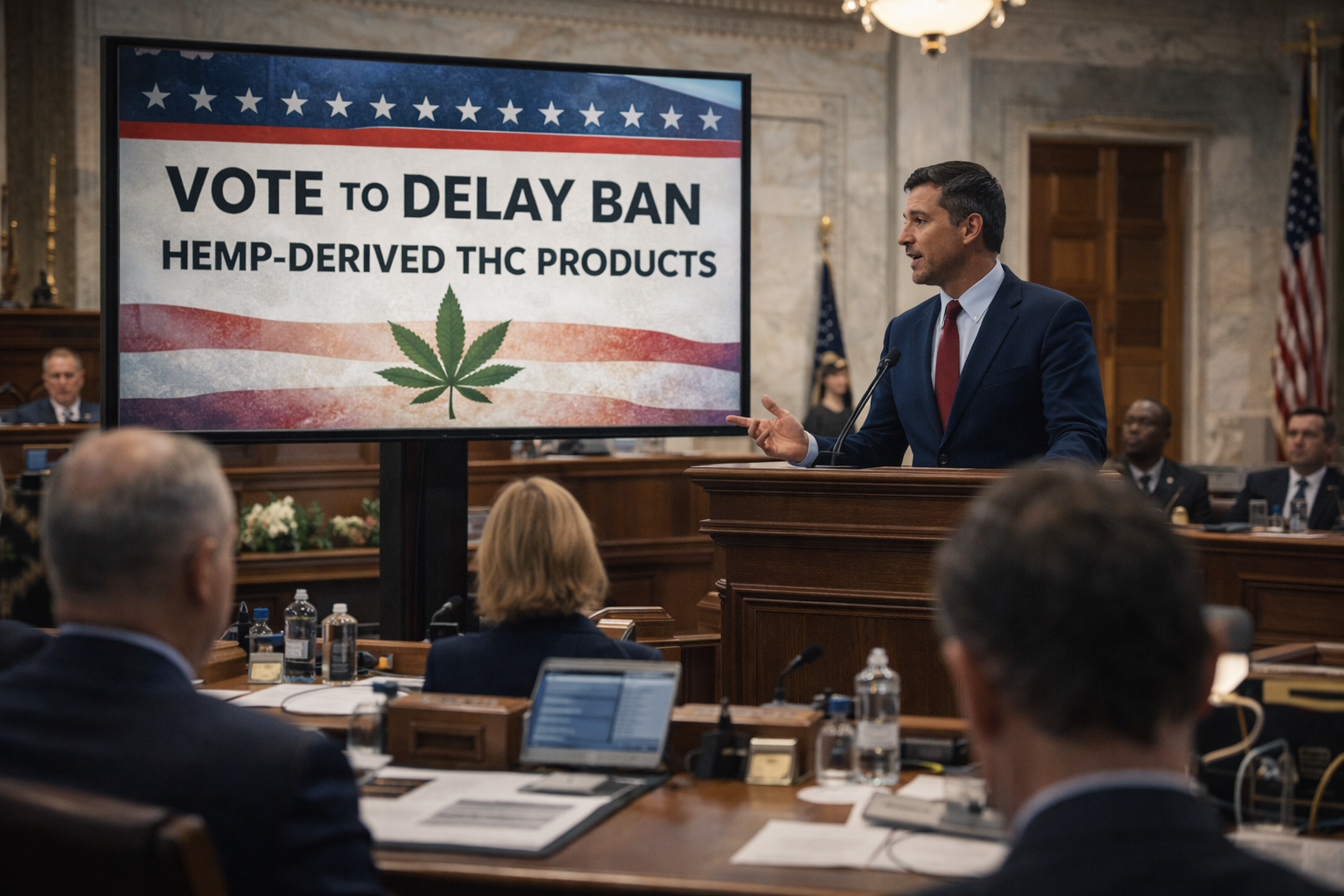 US lawmakers hearing on Farm Bill amendment to delay hemp THC ban with vote to delay ban slide displayed