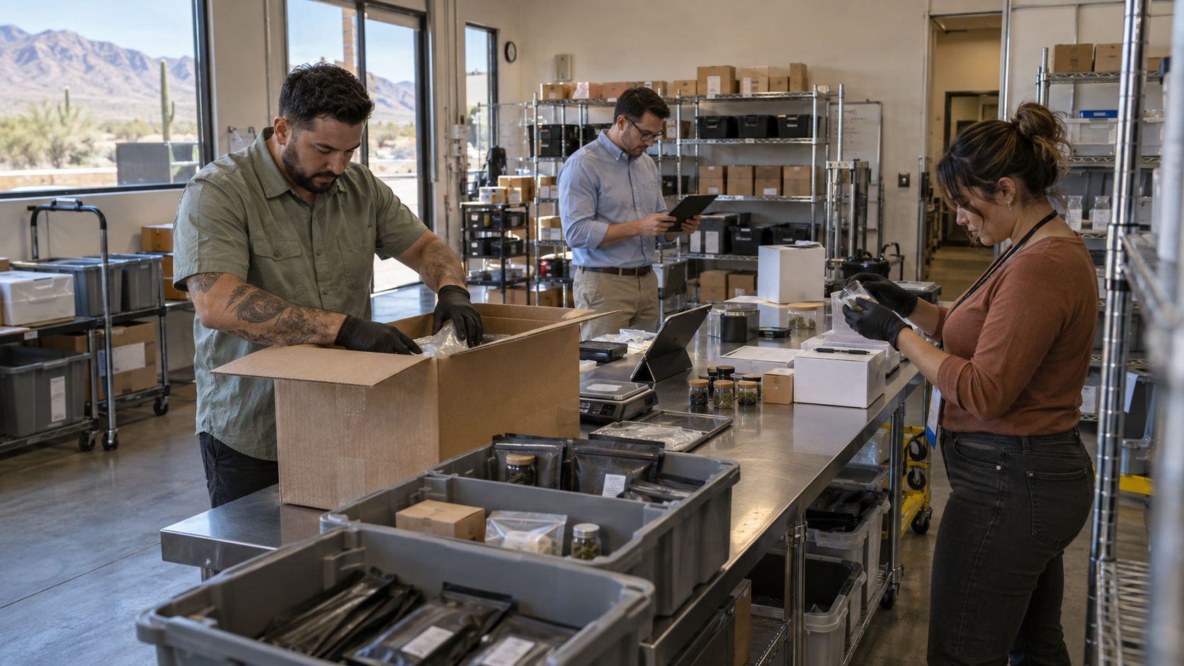 Cannabis facility staff checking packaged products, inventory, and lab documentation as Arizona retailers respond to testing accuracy concerns.
