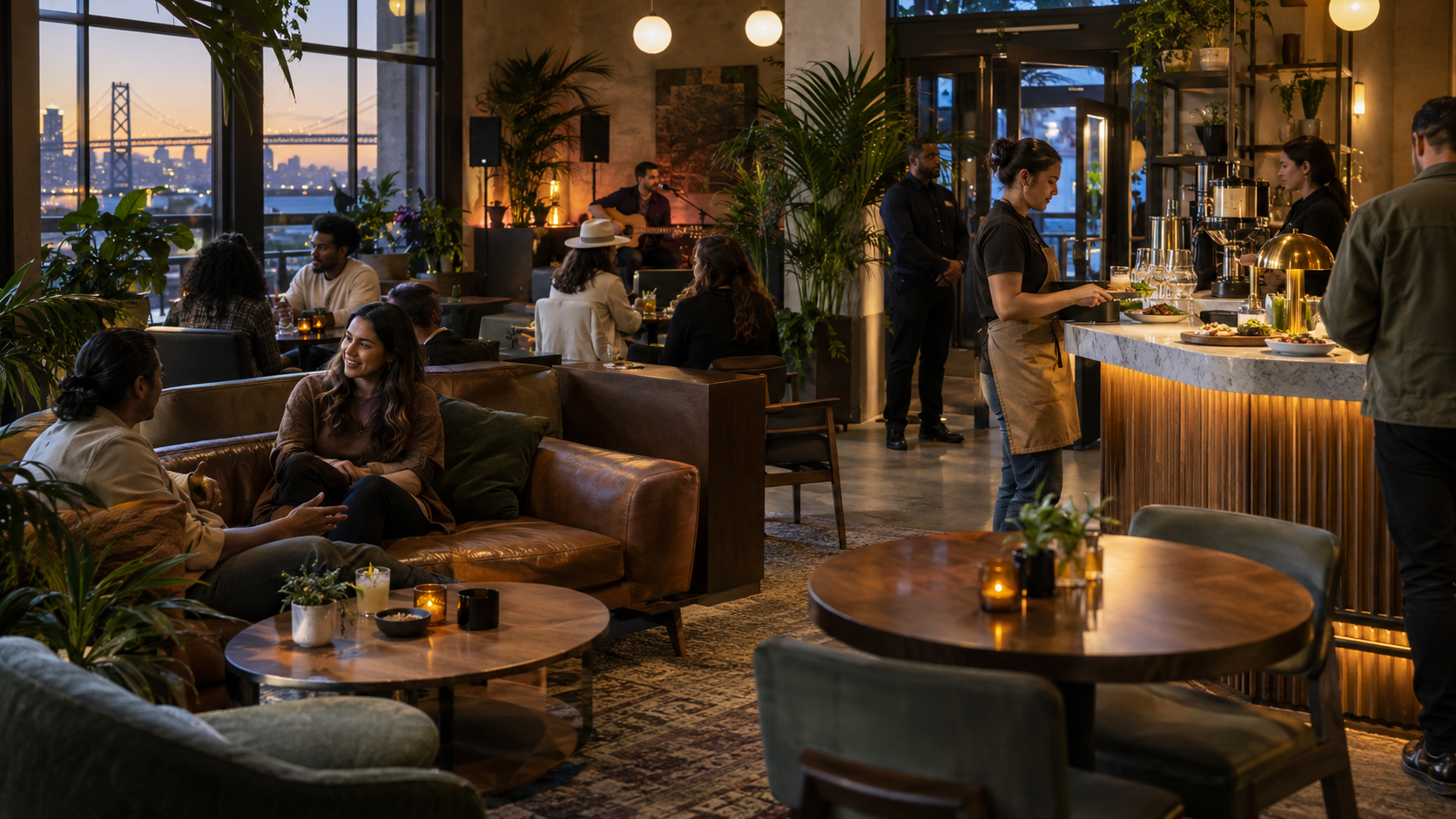 Customers, staff, and live music performers inside a San Francisco cannabis cafe as draft rules move cannabis retail toward hospitality, food service, and social consumption.