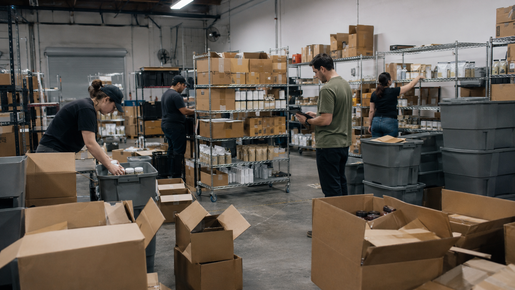 Workers sort boxes, review inventory records, and remove hemp products inside a Texas warehouse, illustrating the operational disruption and inventory losses caused by the state’s delta-8 THC ban.