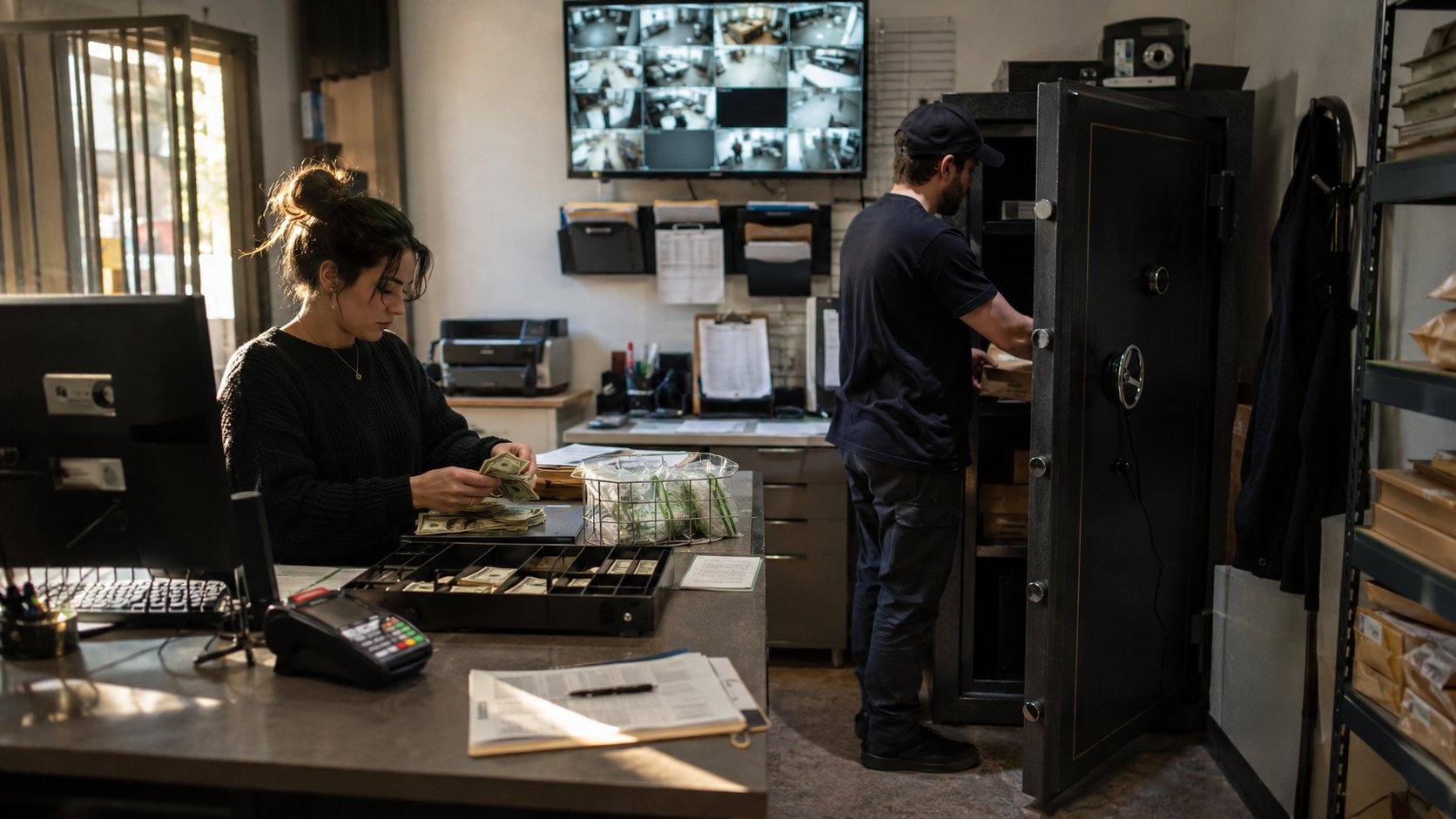 Cannabis business staff count cash and organize financial records in a monitored back office with an open safe, illustrating banking barriers, payment risk, and financial compliance.