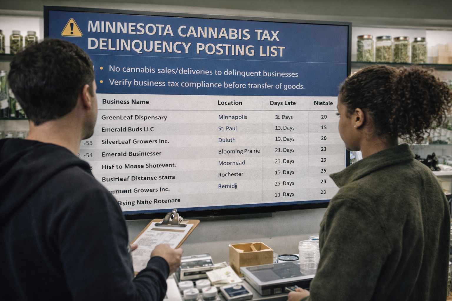 Two cannabis operators reviewing Minnesota cannabis tax delinquency posting list on screen before a sale